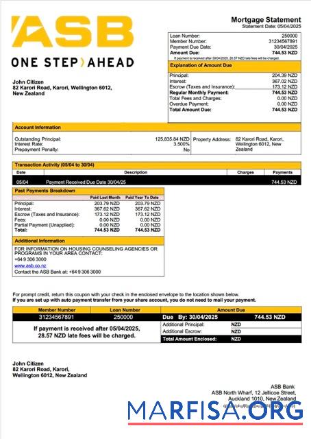 Downloadable New Zealand ASB Bank mortgage statement Word and PDF template